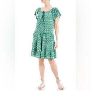 Max Studio Tiered Short Flowy‎ Dress Green Floral Tie Neck Short Sleeve L